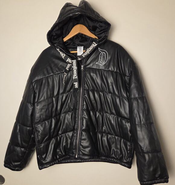 Disney Parks Jackets & Blazers - Disneyland Resort Black Faux Leather Puffer Jacket Hood Goth Font XL Unisex
